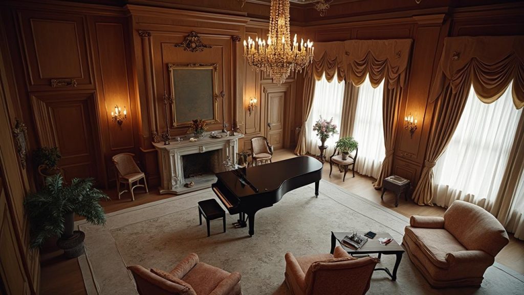 Une luxueuse pièce avec un piano à queue, des chandeliers et des meubles élégants